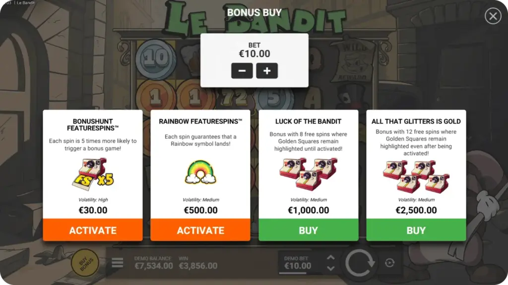 Le Bandit Bonus Buy button interface showing direct purchase option for Free Spins at 100x bet cost in Hacksaw Gaming's Wild West cluster pays slot