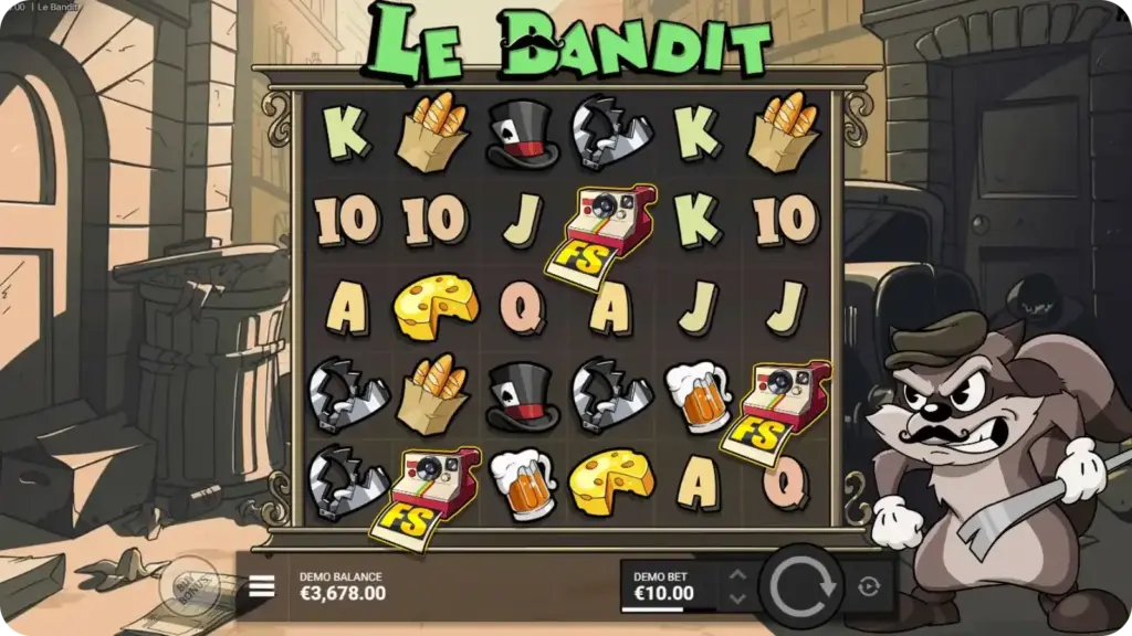 Le Bandit Free Spins trigger showing 3 scatter symbols landing on the 6x5 grid, activating the bonus round in Hacksaw Gaming's Wild West slot