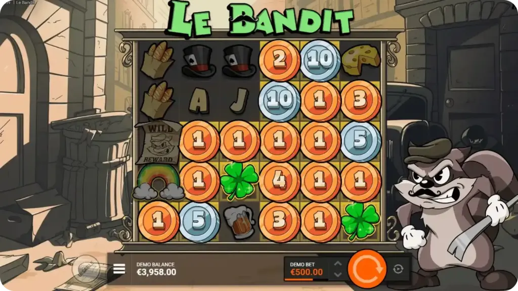 Le Bandit wild multiplier symbol displaying a visible x50 multiplier value on the 6x5 grid, demonstrating the Multiplier Wilds mechanic by Hacksaw Gaming