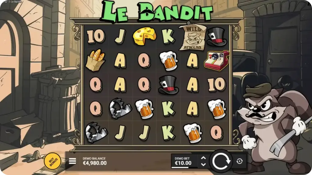 Le Bandit slot base game screen showing dusty Wild West backdrop, masked bandit character, and 6x5 cluster pays grid by Hacksaw Gaming